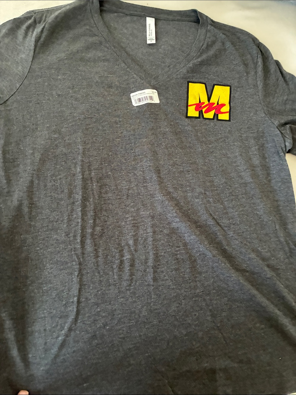 Bella Canvas Gray V-Neck Tee with Yellow and Red 'M' Chest Logo